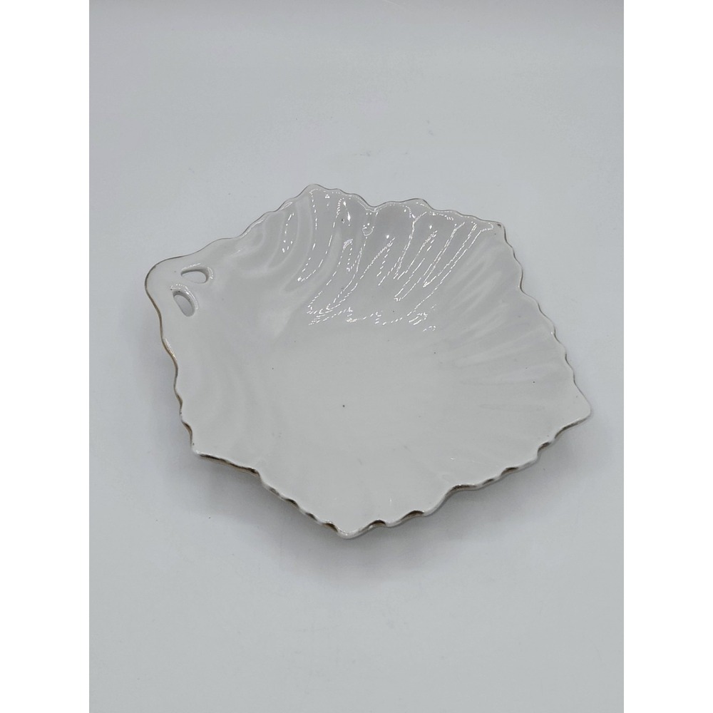 1964 Vintage White Porcelain Leaf Dish Gold Trim Scalloped Trinket Dish